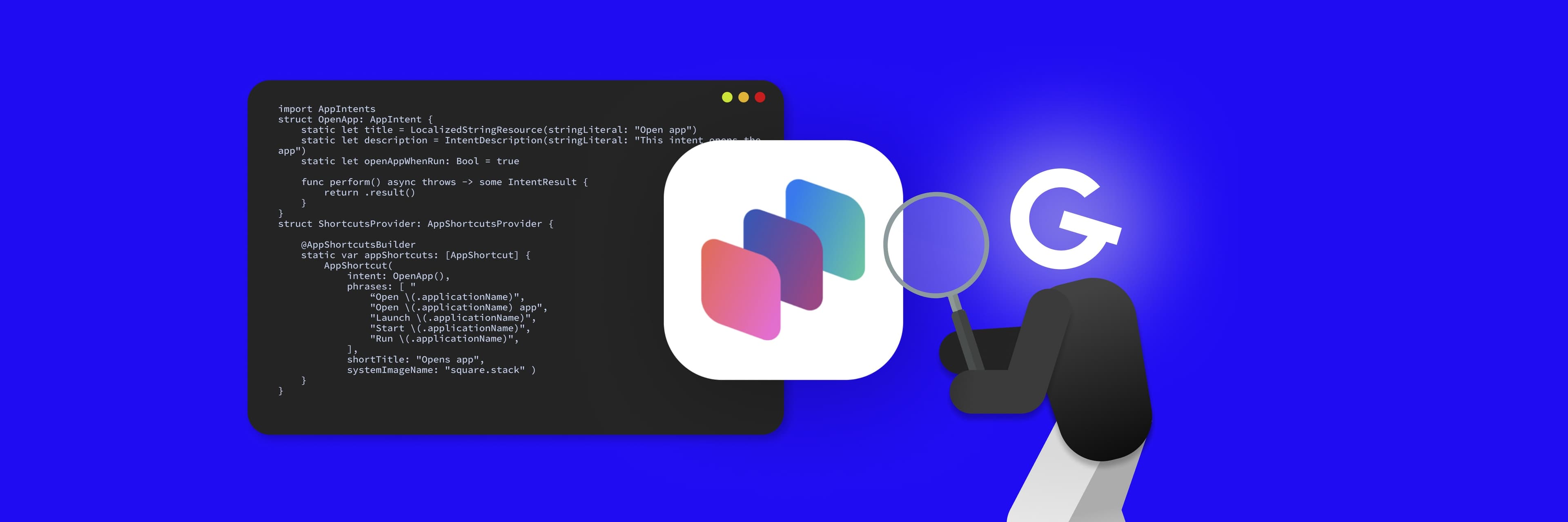 Štylizovaná postava s logom GoodRequest namiesto hlavy skúma App Intents ikonu s lupou. Za ikonou sa nachádza úryvok kódu na tmavej obrazovke, všetko na jasne modrom pozadí.