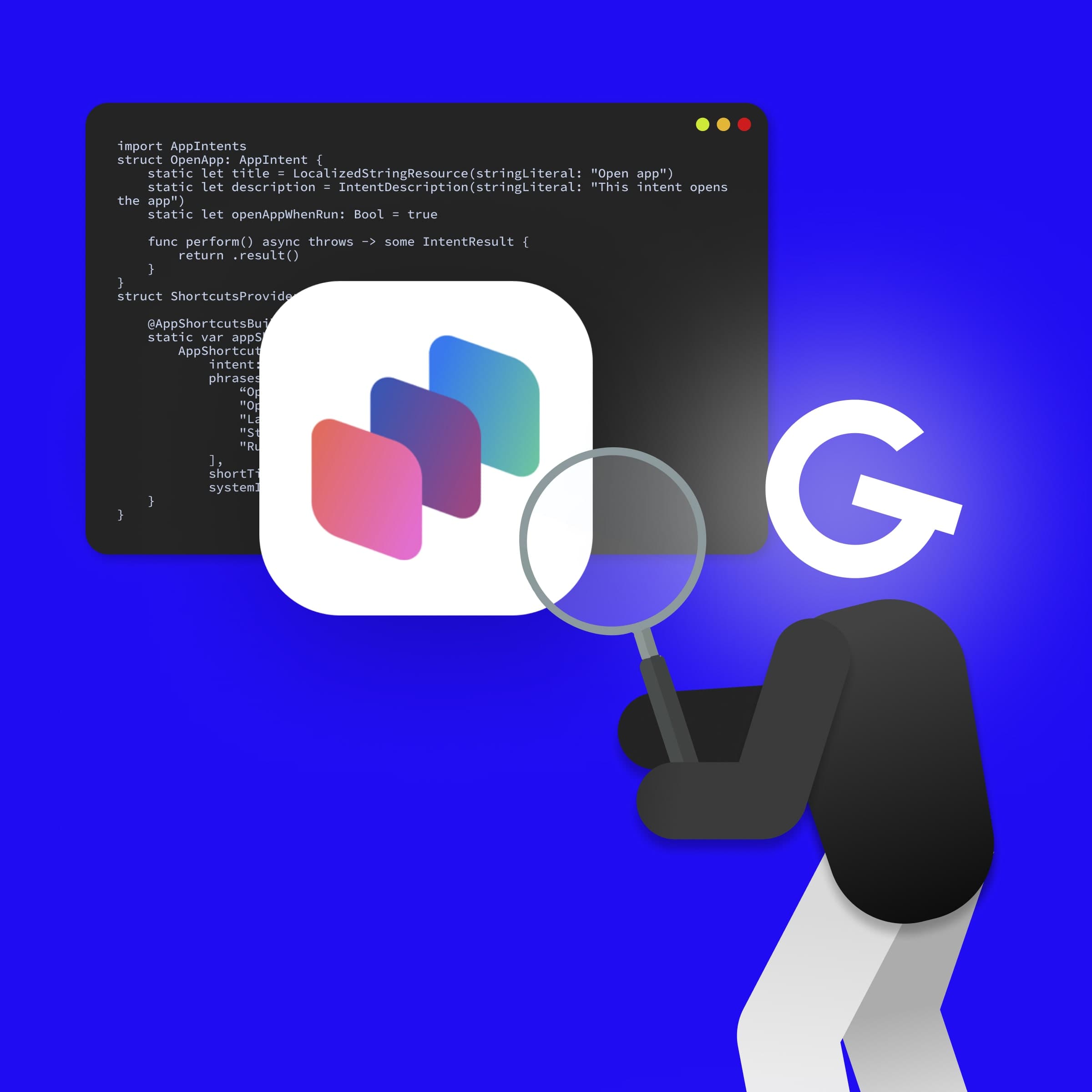 Štylizovaná postava s logom GoodRequest namiesto hlavy skúma App Intents ikonu s lupou. Za ikonou sa nachádza úryvok kódu na tmavej obrazovke, všetko na jasne modrom pozadí.