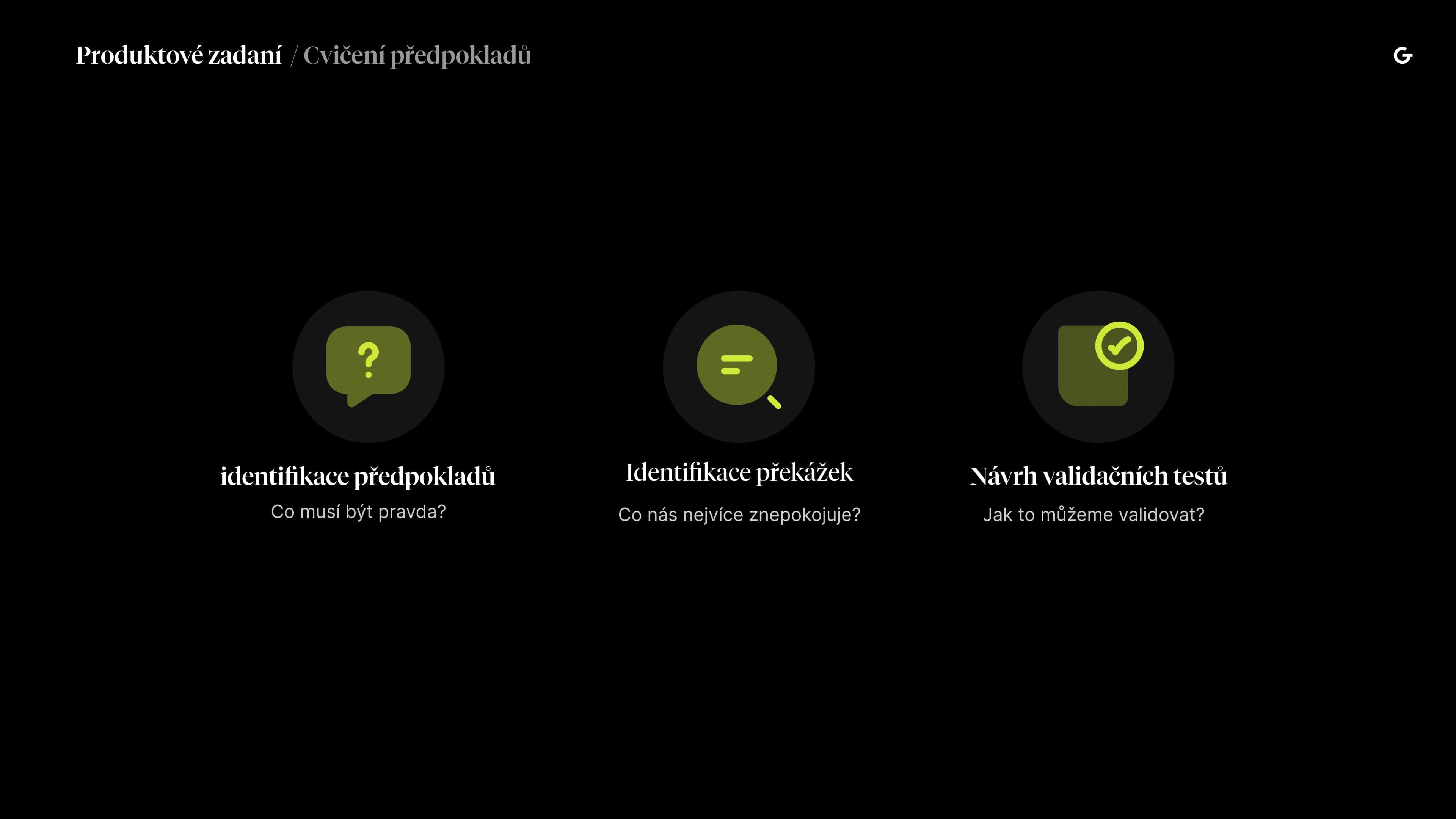 Tři kroky procesu: Identifikace předpokladů, identifikace překážek a návrh validačních testů.