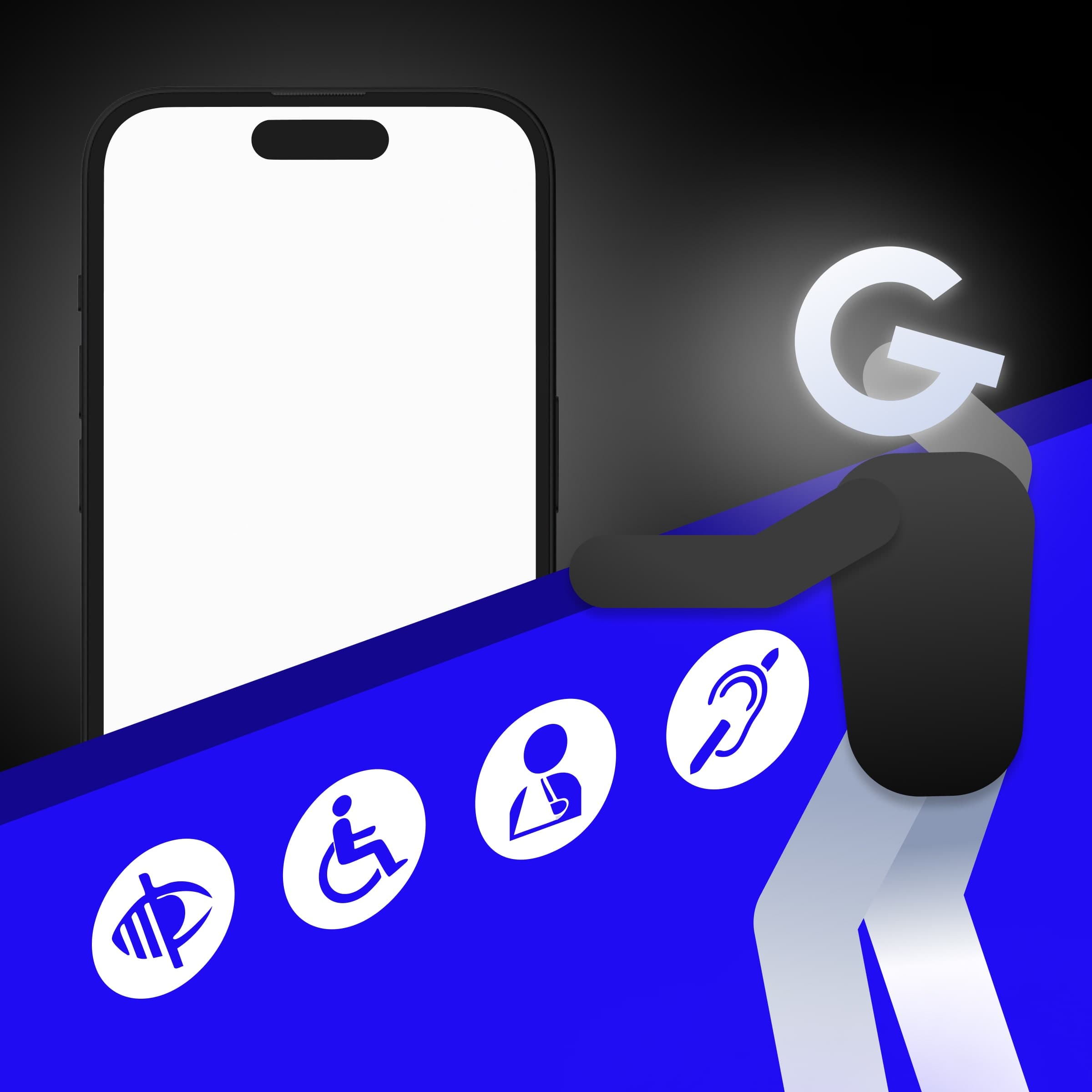 Ilustrácia osoby s logom GoodRequest namiesto hlavy, ktorá stojí vedľa smartfónu a ikon prístupnosti, ktoré predstavujú prístupný obsah.