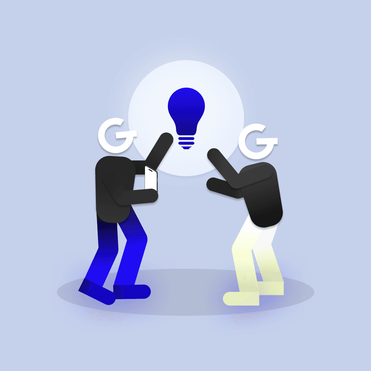 Ilustrácia dvoch osôb s logom GoodRequest namiesto hlavy, naťahujucich sa k žiarovke.