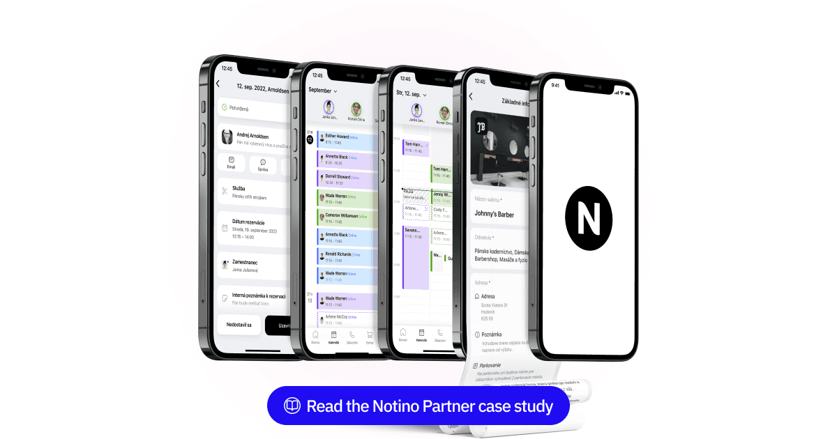 A series of smartphone screens displaying the Notino Partner app. The screens show appointment scheduling, customer details, and business information for a barber shop.