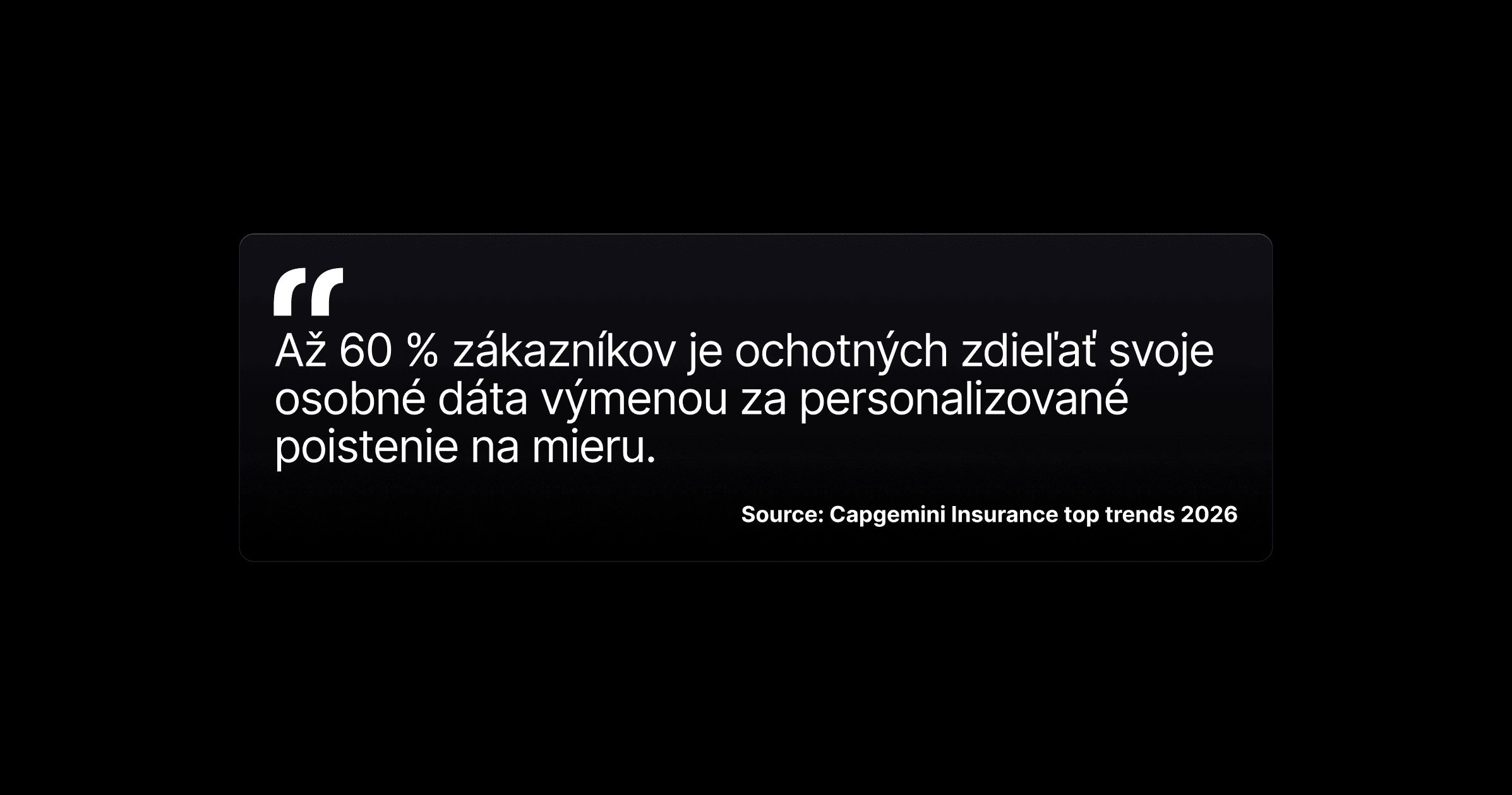 Citácia na tmavom pozadí s informáciou, že až 60% zákazníkov zdieľa osobné inofmrácie výmenou za poistenie na mieru.