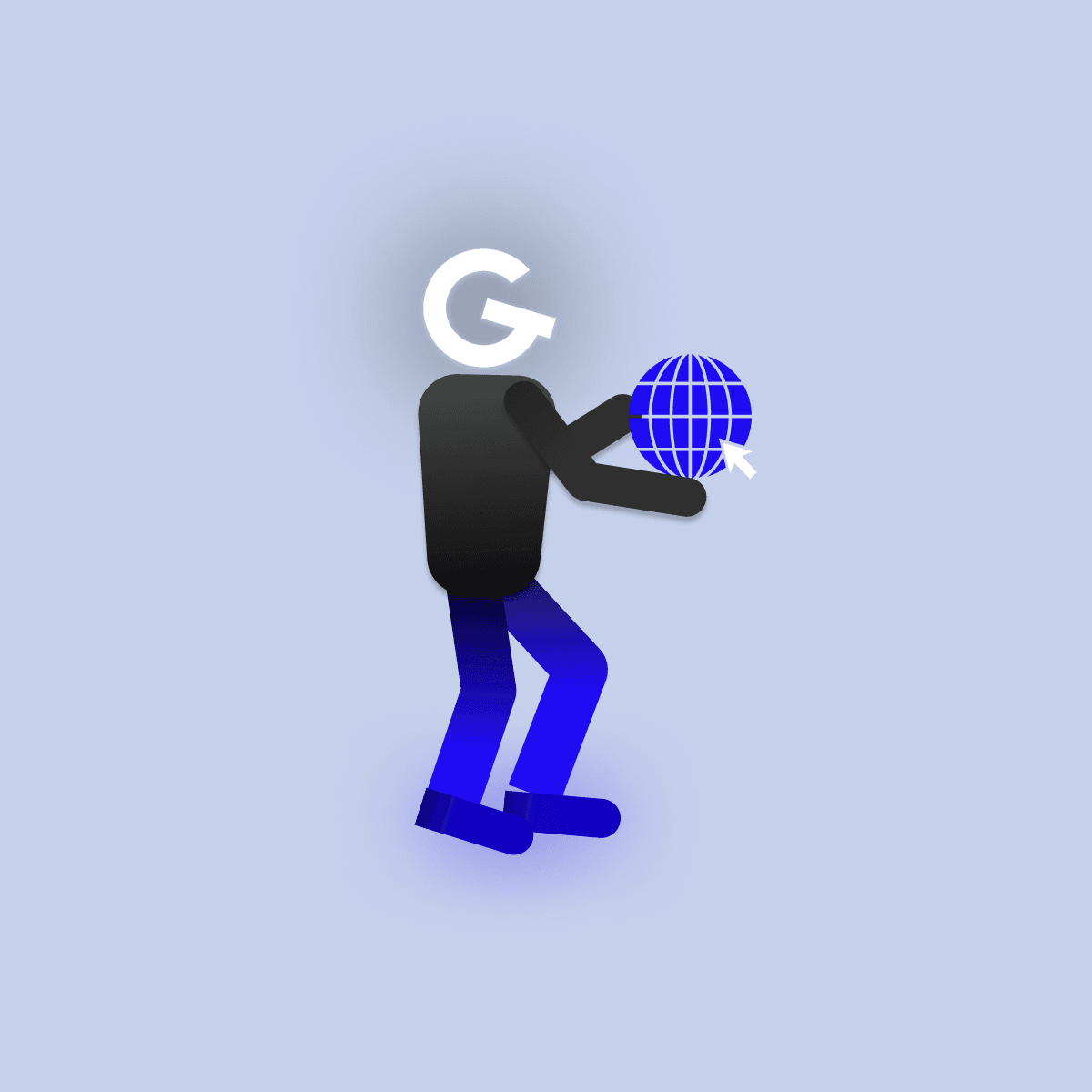 Ilustrácia osoby s logom GoodRequest namiesto hlavy, držiaca glóbus s poludníkmi.