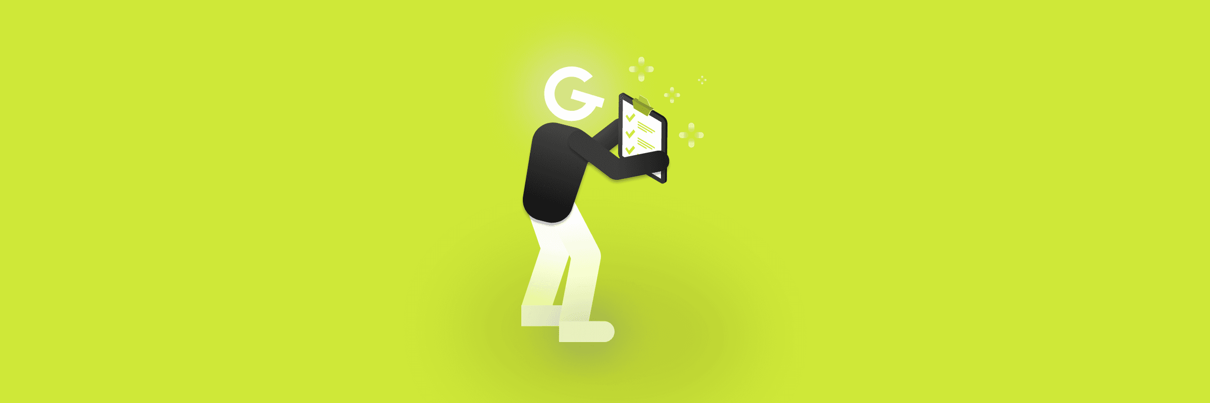 Ilustrácia osoby s logom GoodRequest miesto hlavy, ktorá drží formulár.
