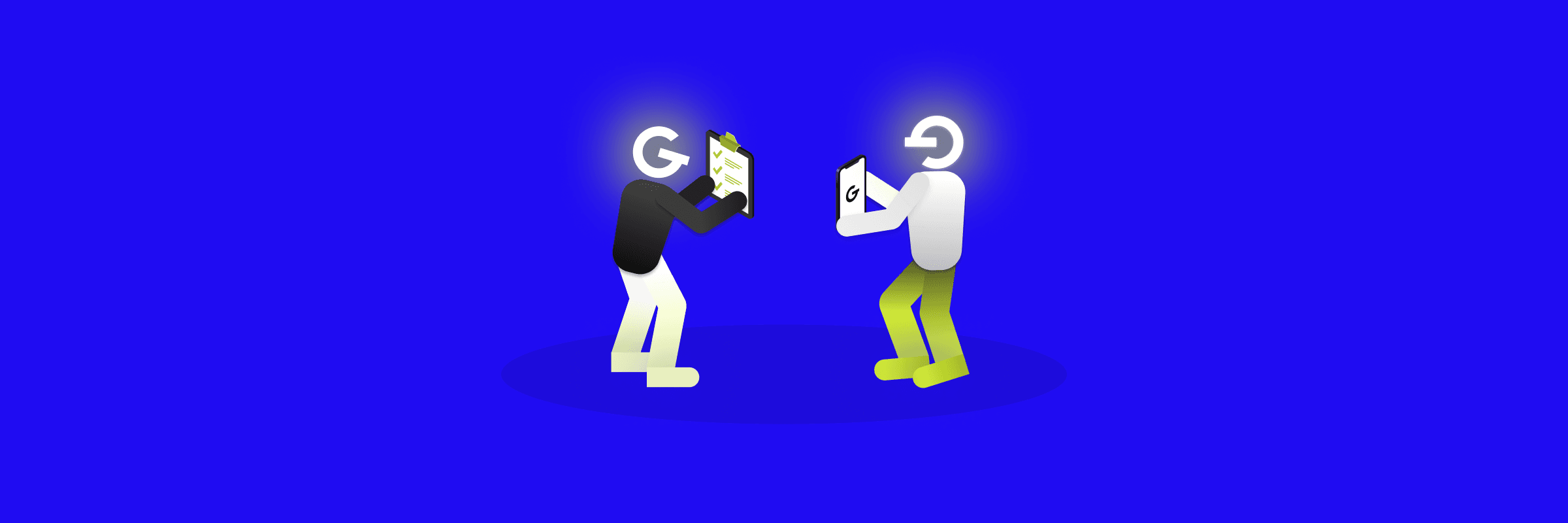 Ilustrácia dvoch osôb s logom GoodRequest miesto hlavy, jeden drží formulár, druhý mobilné zariadenie.