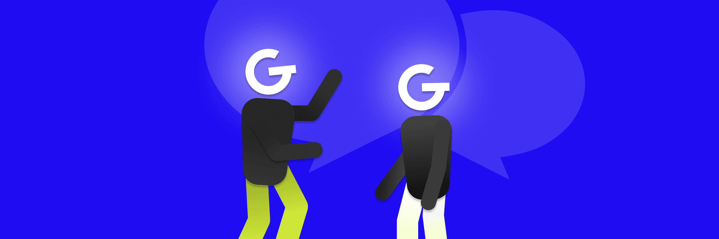 Ilustrácia dvoch osôb s logom GoodRequest namiesto hlavy a komunikačnými bublinami nad ich hlavami. 