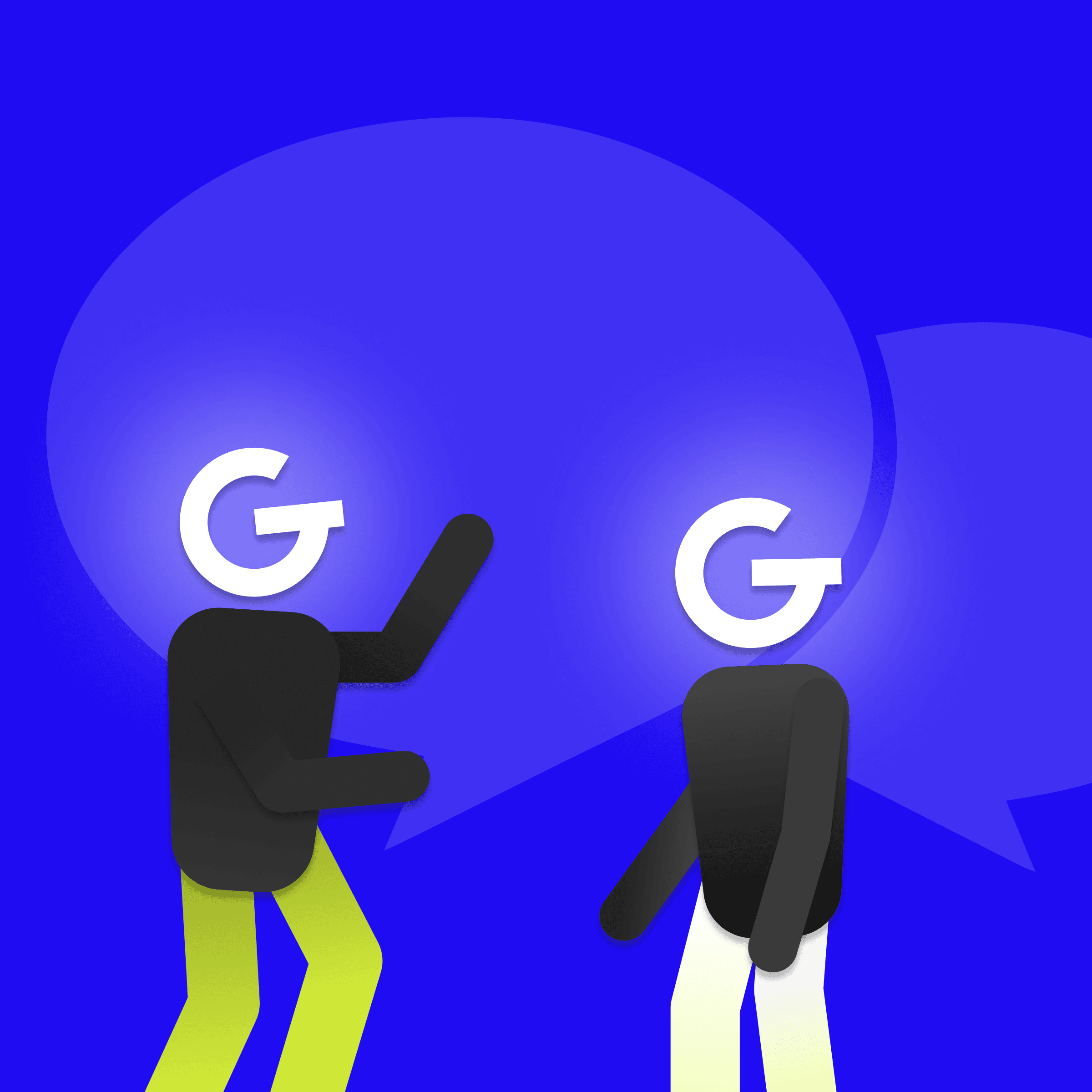 Ilustrácia dvoch osôb s logom GoodRequest namiesto hlavy a komunikačnými bublinami nad ich hlavami.