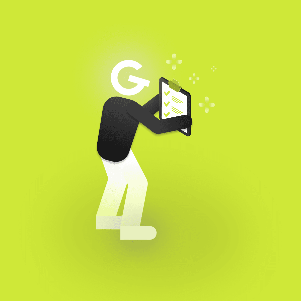 Ilustrácia osoby s logom GoodRequest miesto hlavy, ktorá drží formulár.