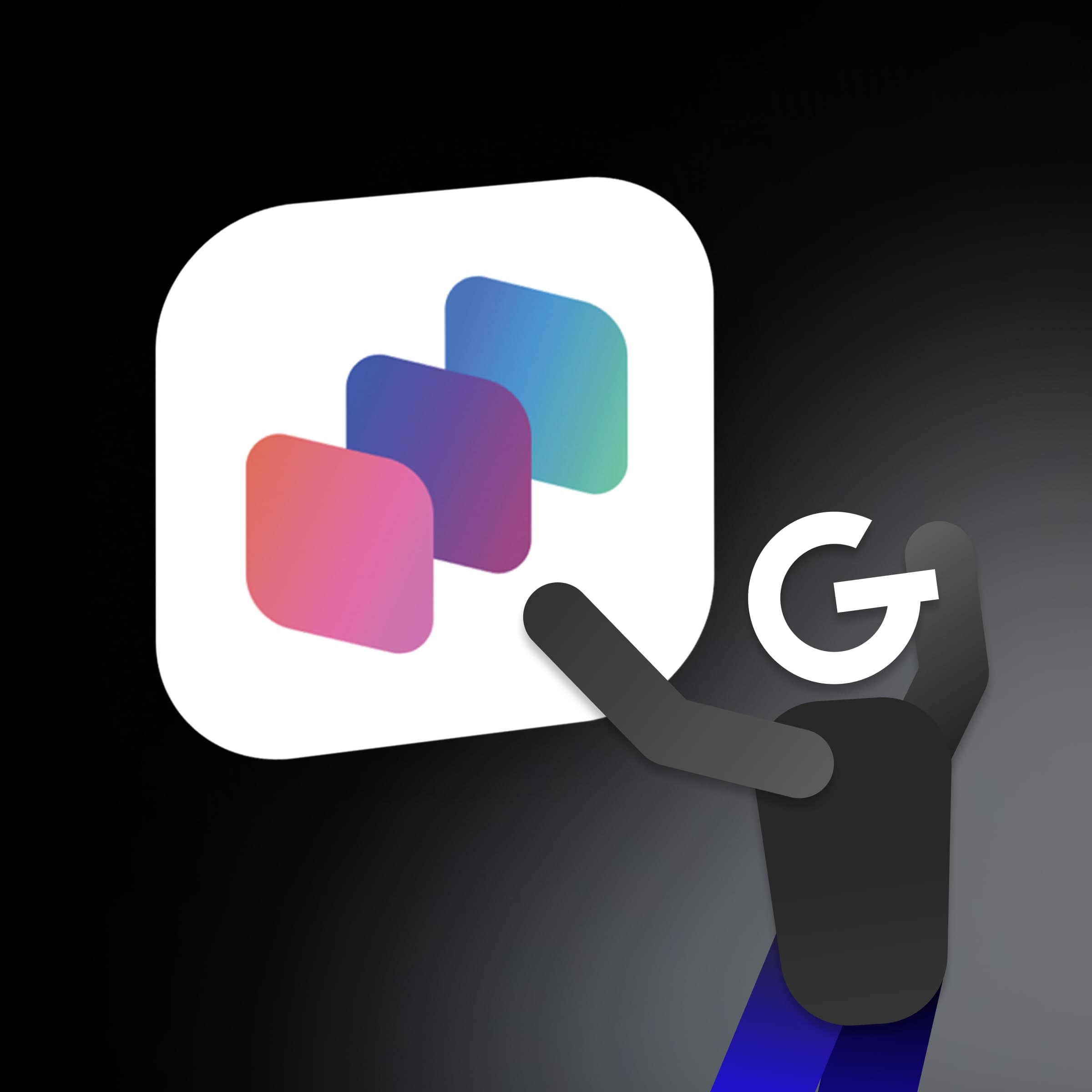 Ilustrácia postavy s logom GoodRequest namiesto hlavy, ktorá sa naťahuje k App Intents ikone na tmavom pozadí.