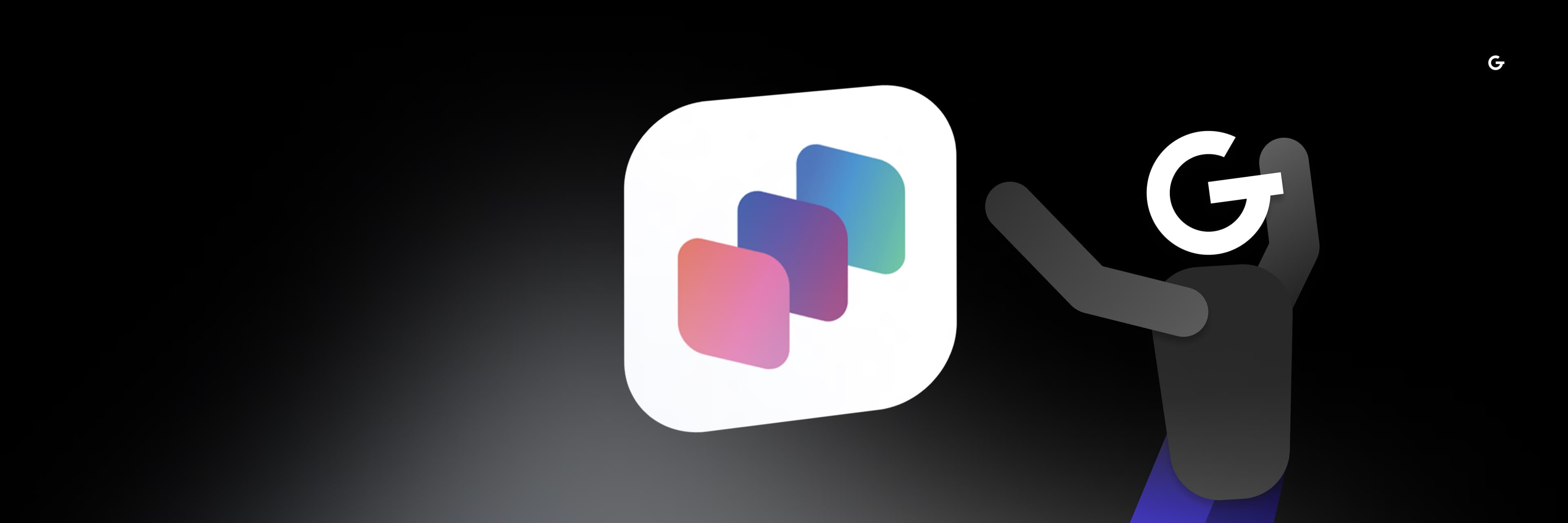 Ilustrácia postavy s logom GoodRequest namiesto hlavy, ktorá sa naťahuje k App Intents ikone na tmavom pozadí.