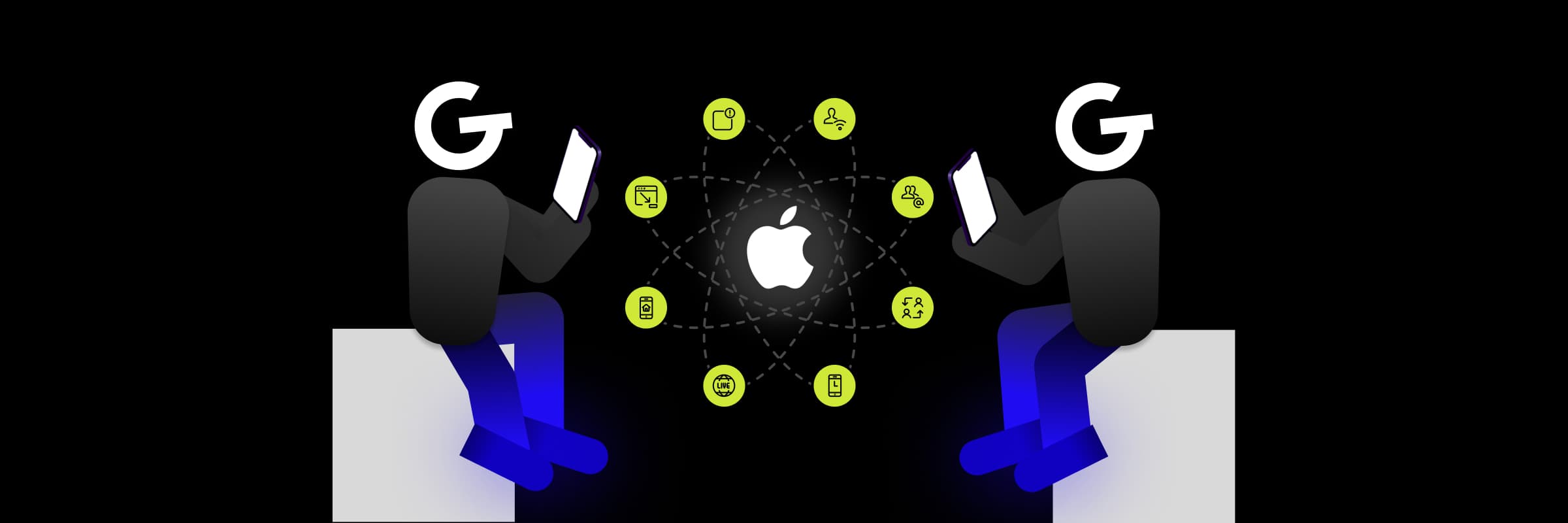 Ilustrácia dvoch osôb s logom GoodRequest miesto hlavy, sediace na kvádroch, držiace mobilné zariadenie. Medzi postavami sa nachádza logo Apple, okolo ktorého sú ikony reprezentujúce rôzne funkcie.