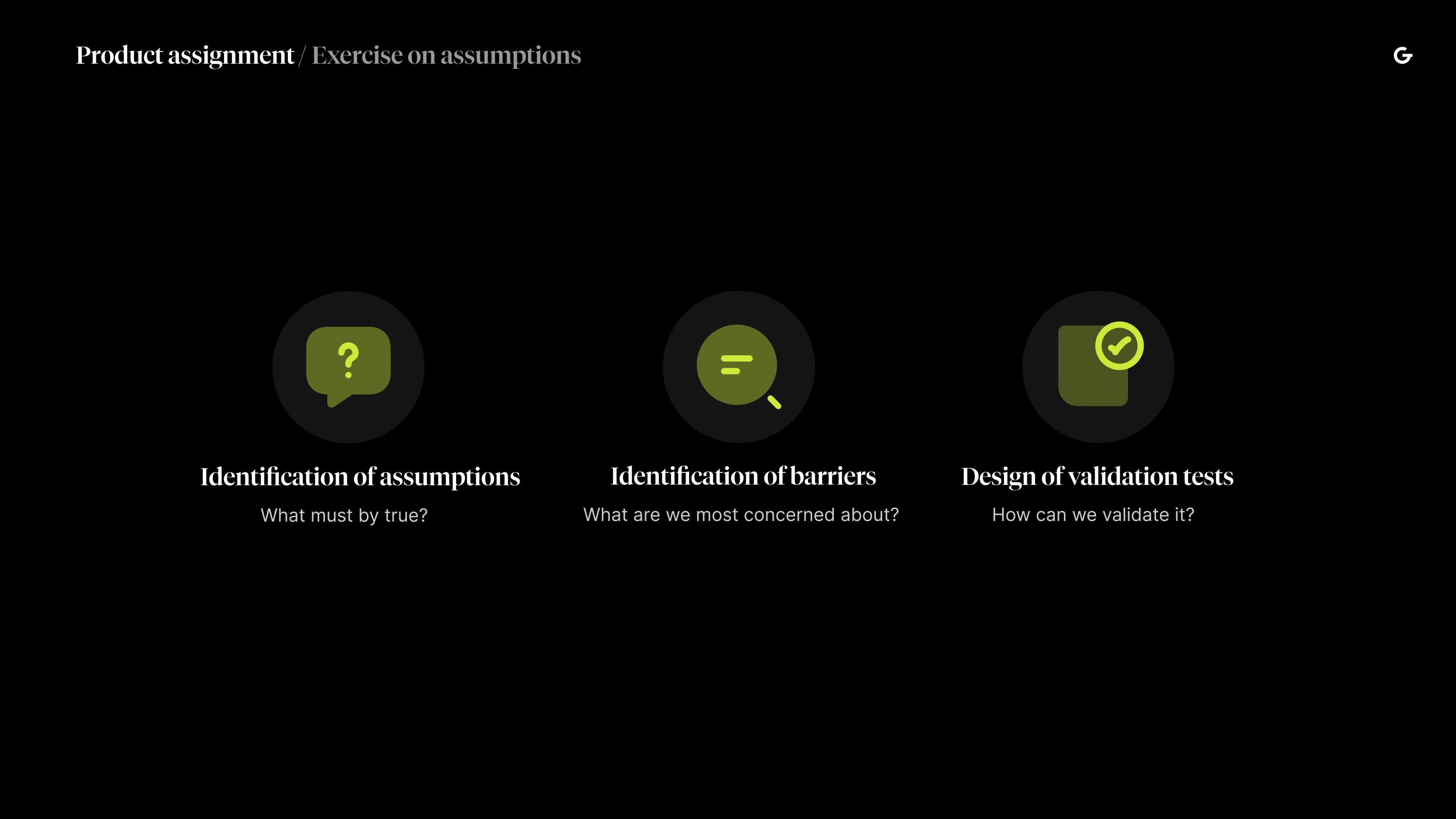 Three steps in the process: Identifying assumptions, identifying barriers, and designing validation tests.