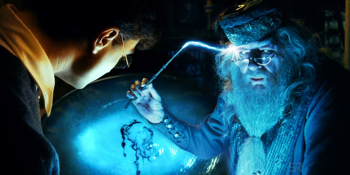 Scene from movie "Harry Potter", where an old man is pulling memories from his mind.