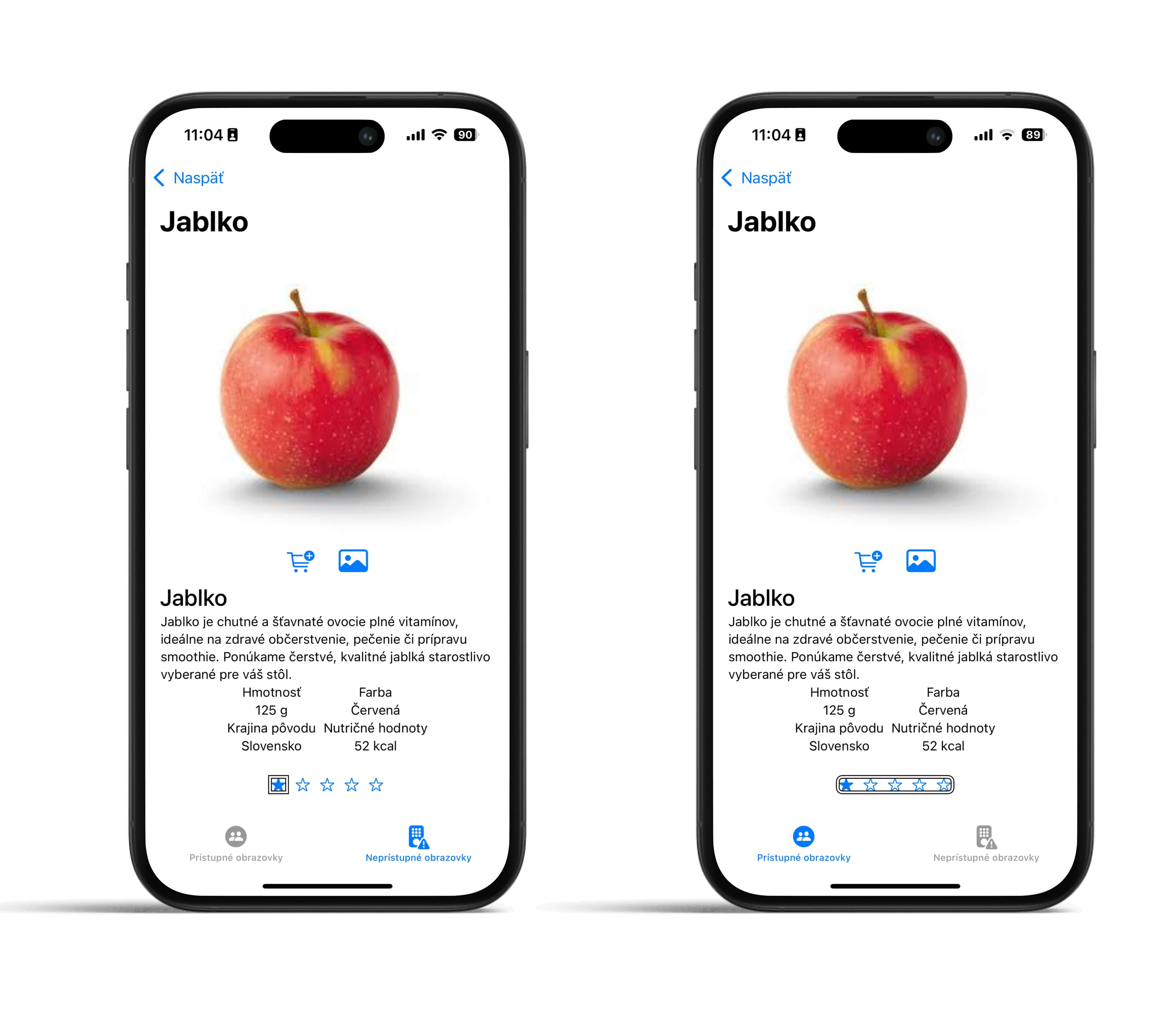Dve porovnávané obrazovky, ktoré zobrazujú stránku s produktom "jablko" - obrazovke vľavo je neprístupná obrazovka, kde je označená prvá hviezdička, vpravo je prístupná obrazovka, ktorá zobrazuje celý riadok s hviezdičkami. 