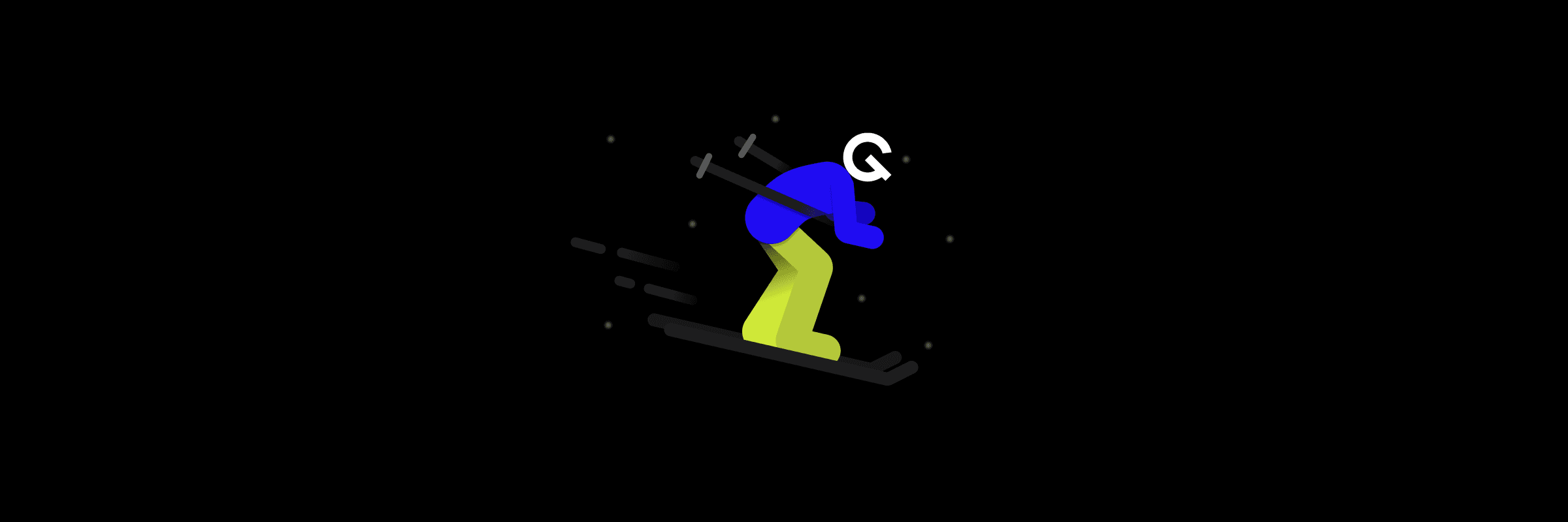 Ilustrácia osoby s logom GoodRequest miesto hlavy, lyžujúca.