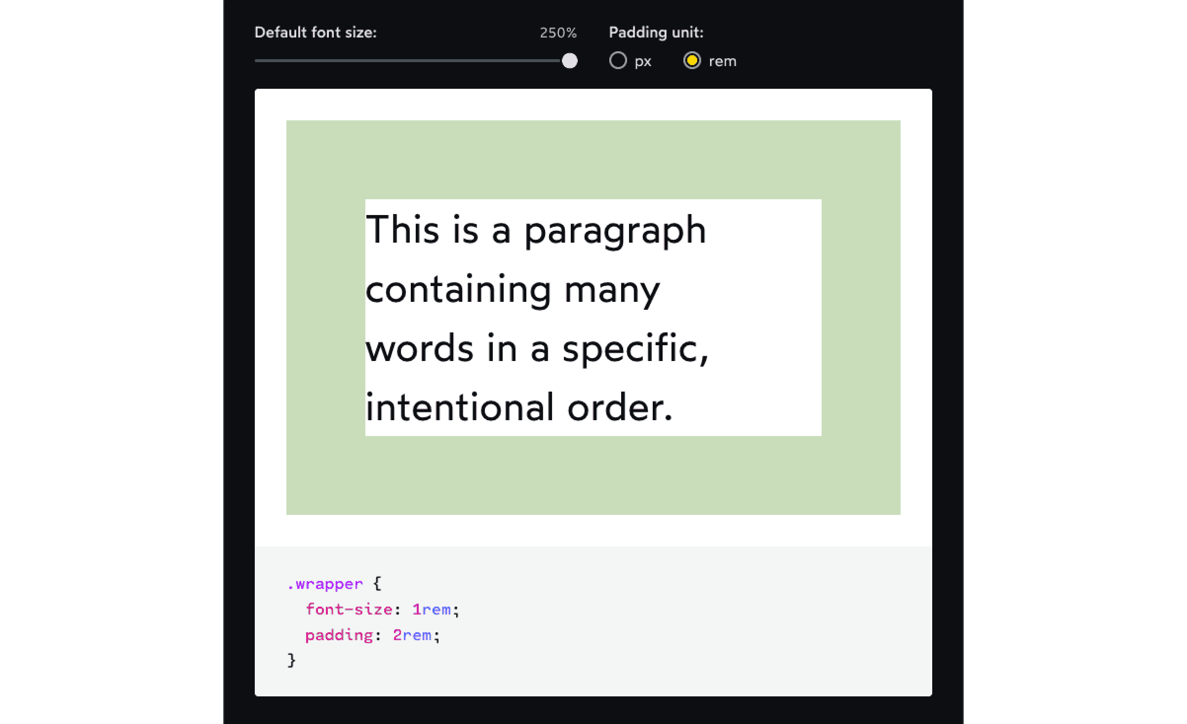 Odstavec textu s vetou „This is a paragraph containing many words in a specific, intentional order.“ a ukážka CSS kódu nastavujúceho veľkosť písma a vnútorné odsadenie pre triedu „wrapper“ pomocou rem.
