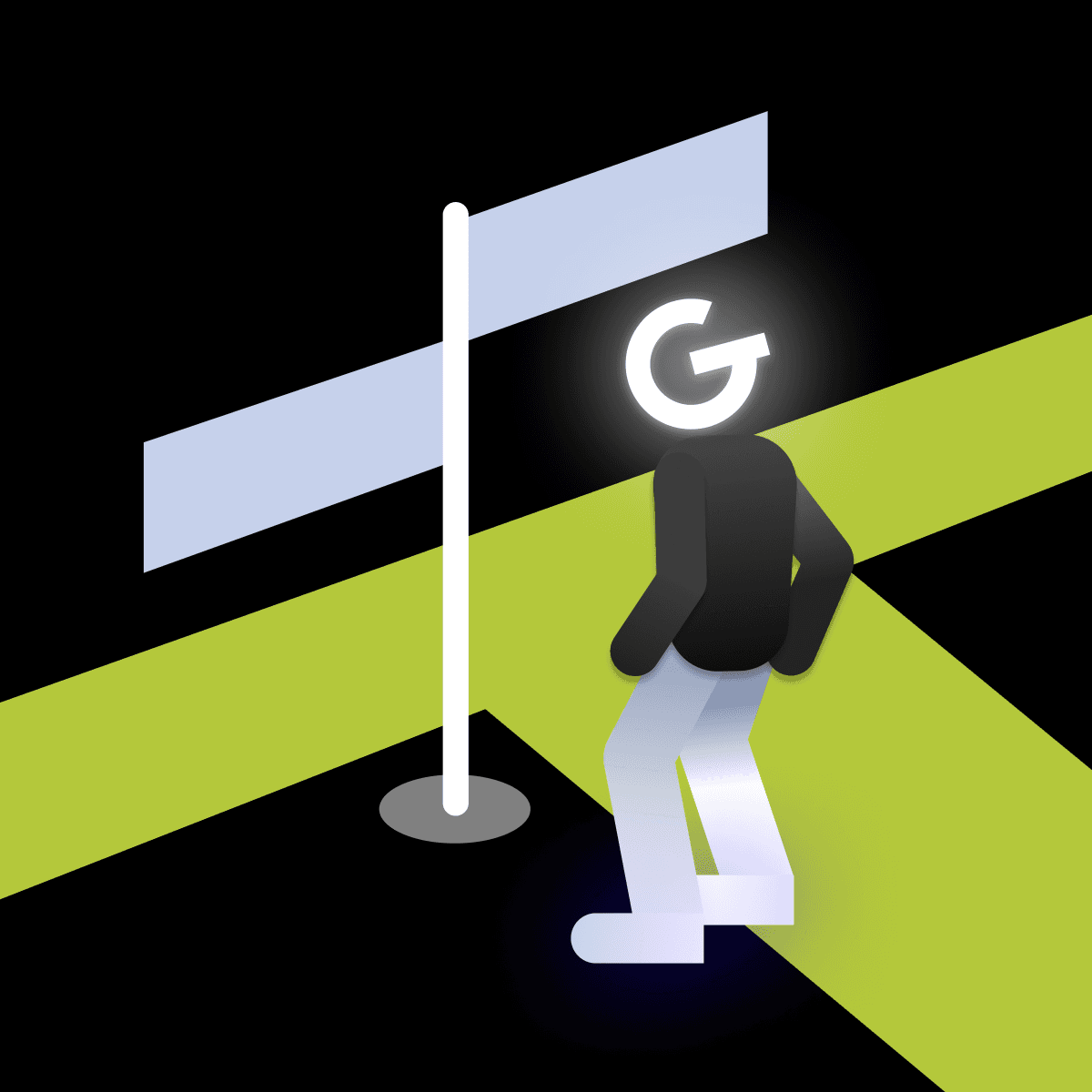Ilustrácia osoby s logom GoodRequest namiesto hlavy, ktorá stojí na rázcestí so smerovacou tabuľou.
