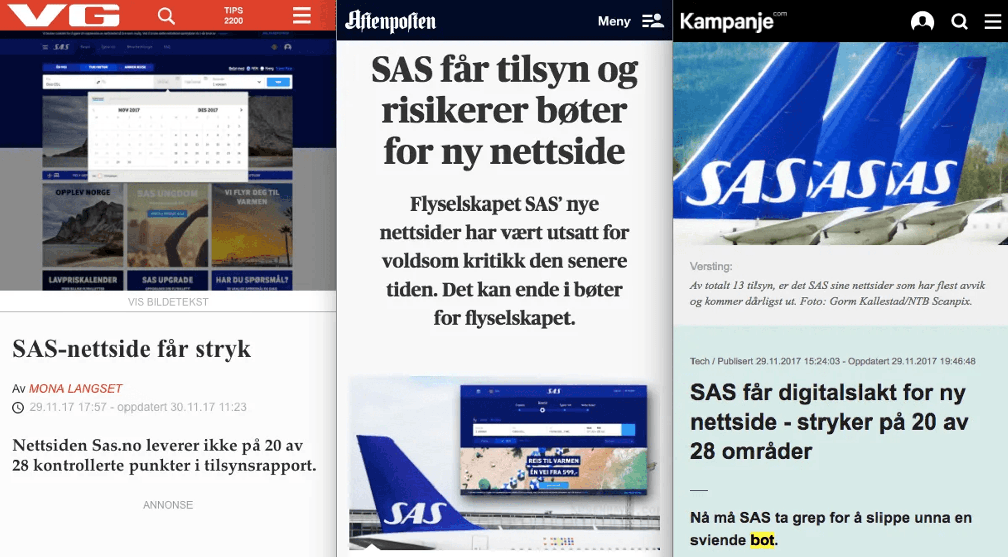 Screenshot článkov z médií, kde písali o neprístupnosti webu leteckej spoločnosti SAS