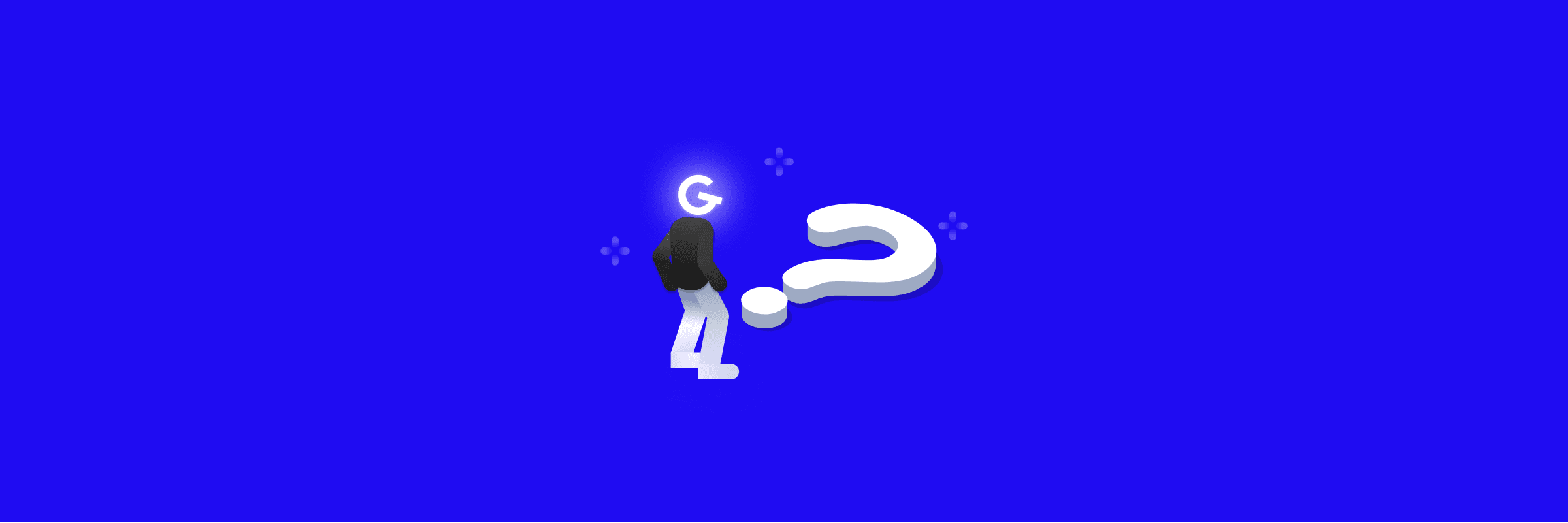 Ilustrácia osoby s logom GoodRequest miesto hlavy, stojaca pred otáznikom na zemi.
