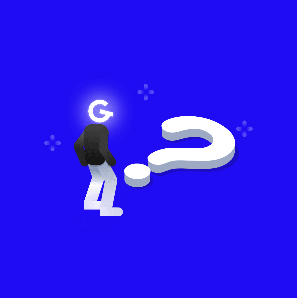 Ilustrácia osoby s logom GoodRequest miesto hlavy, stojaca pred otáznikom na zemi.