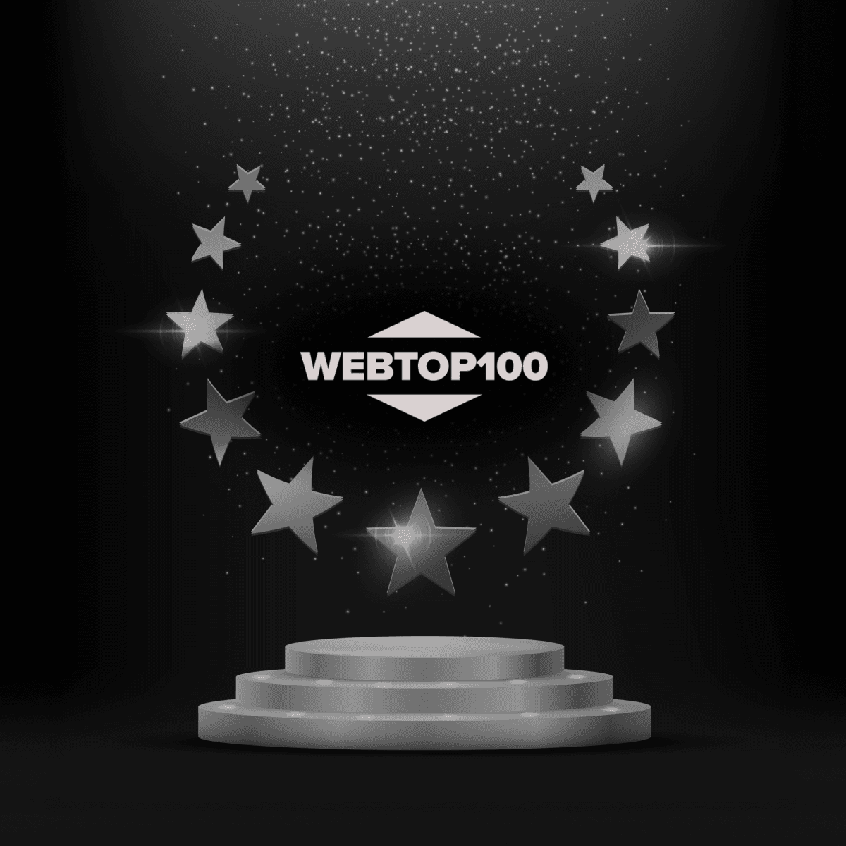Ocenenie web top 100 - Okrúhly podstavec s tromi schodmi, nad ktorým je jedenásť hviezd usporiadaných do polkruhu. Vo vnbútri polkruhu je nápis WEBTOP100, napísaný na šesťuholníku.