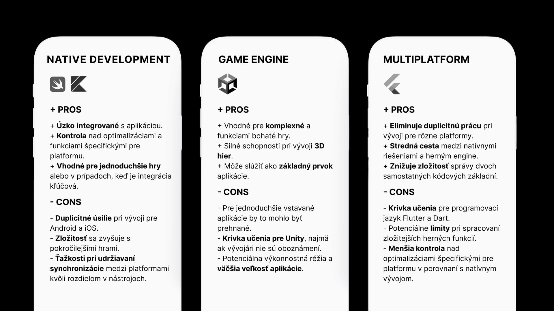 Porovnanie výhod a nevýhod troch prístupov k vývoju hier: natívny vývoj, herný engine a multiplatformové riešenia.