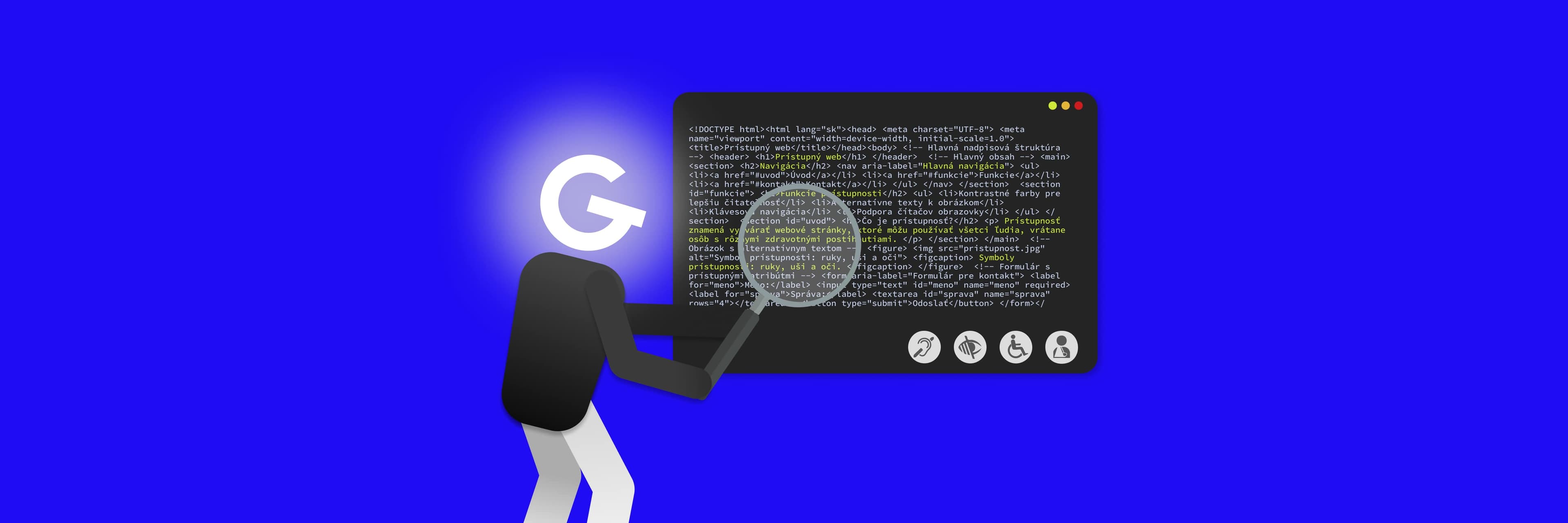 Štylizovaná postava s logom GoodRequest namiesto hlavy skúma úryvok kódu na tmavej obrazovke s lupou - objavuje prvky prístupnosti. Všetko na jasne modrom pozadí.