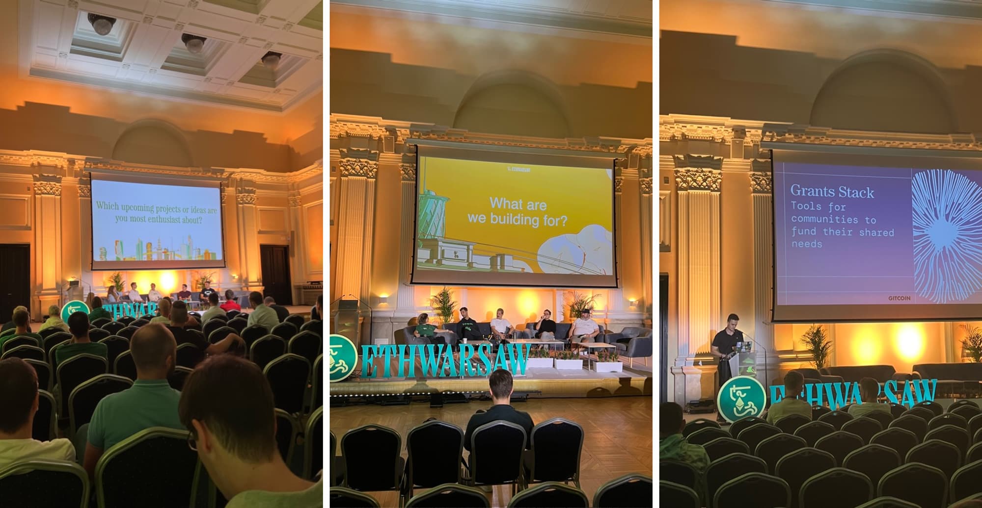 Koláž - tri fotografie z konferencie s veľkými obrazovkami zobrazujúcimi rôzne prezentácie: "Which upcoming projects are you most excited about?", "What are we building for?" a "Grants Stack Tools for communities to fund their shared needs".