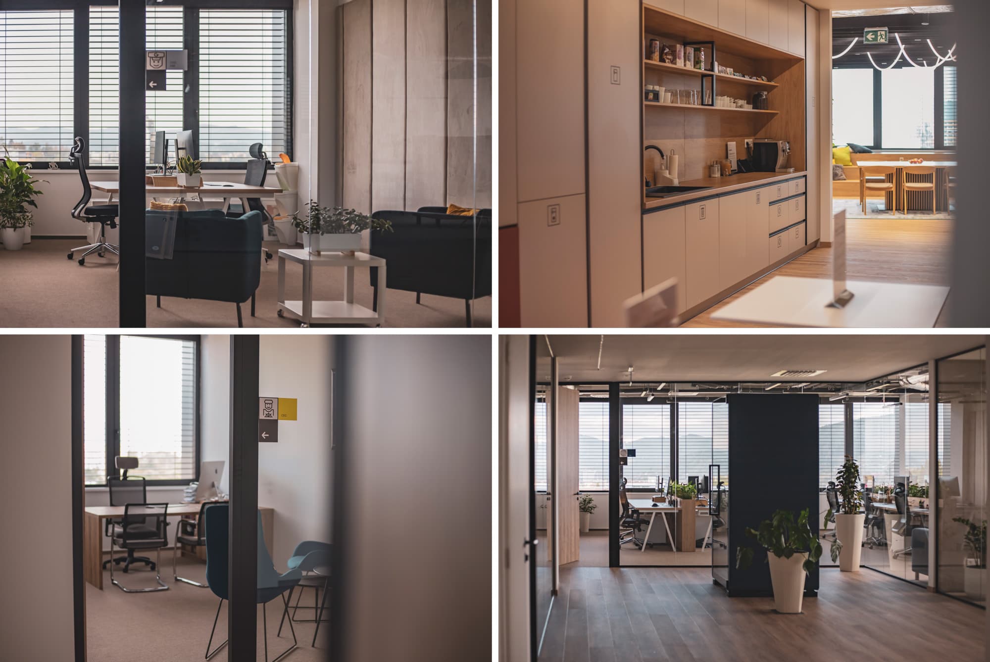 Koláž - štyri fotografie zachytávajúce kuchynku, chodbu a niektré z kancelárií v priestoroch GoodRequset.