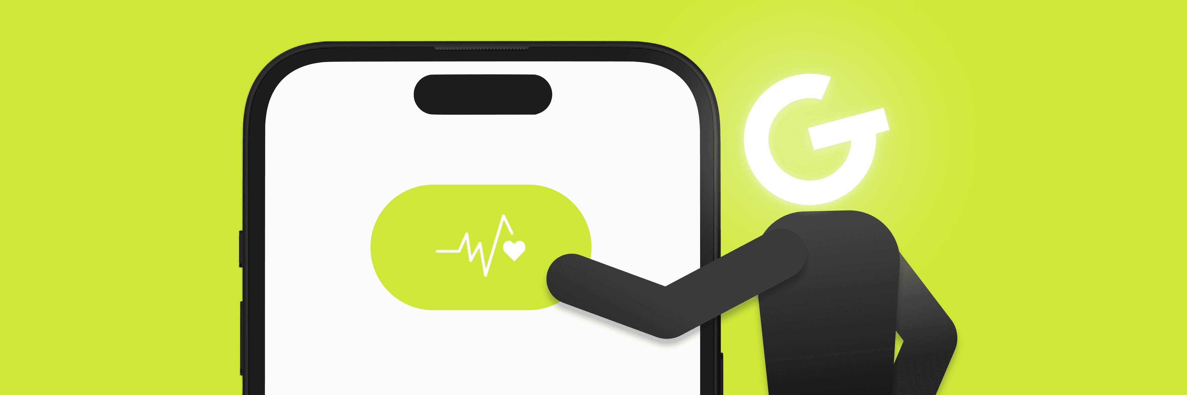 Postava, s logom GoodRequest miesto hlavy, interaguje s ikonou zdravia zobrazenou na veľkom mobilnom telefóne.