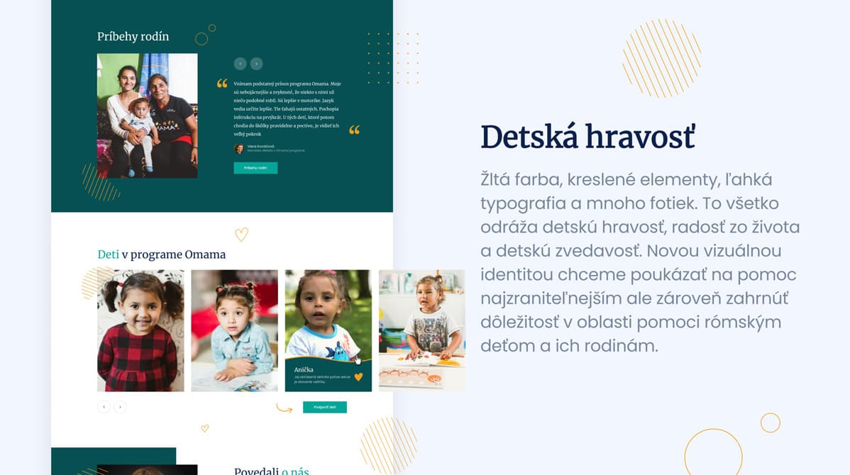 Webová stránka projektu Omama zobrazuje sekcie „Príbehy rodín“ a „Deti v programe Omama“ s fotografiami a výpoveďami. Pravá strana obsahuje text o vizuálnej identite, ktorá zdôrazňuje detskú hravosť a podporu zraniteľných detí a ich rodín.