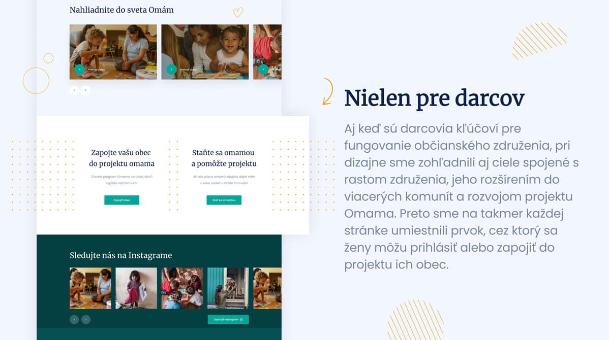 Webová stránka projektu Omama s výzvou „Nahliadnite do sveta Omám“. Obsahuje fotografie s deťmi, tlačidlá na zapojenie obce alebo jednotlivcov do projektu a text o význame darcov a rozširovaní iniciatívy do ďalších komunít.