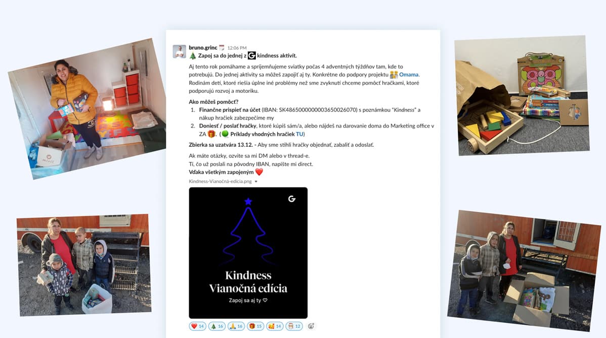Koláž fotografií detí a dospelých s darčekmi a hračkami. Text vyzýva na zapojenie sa do vianočnej zbierky Kindness na podporu projektu Omama, s cieľom darovať rozvojové hračky rodinám v núdzi. Obsahuje aj inštrukcie, ako prispieť.
