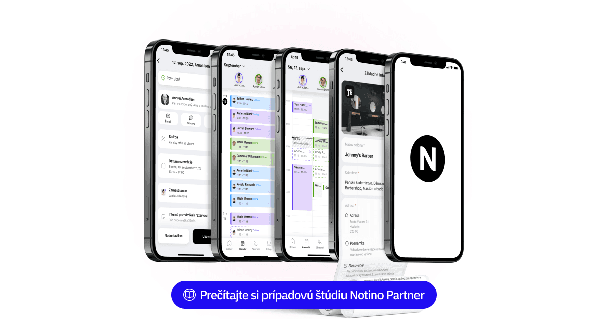 Séria obrazoviek smartfónu zobrazujúca aplikáciu Notino Partner. Na obrazovkách sa zobrazuje plánovanie stretnutí, údaje o zákazníkoch a obchodné informácie pre holičstvo.