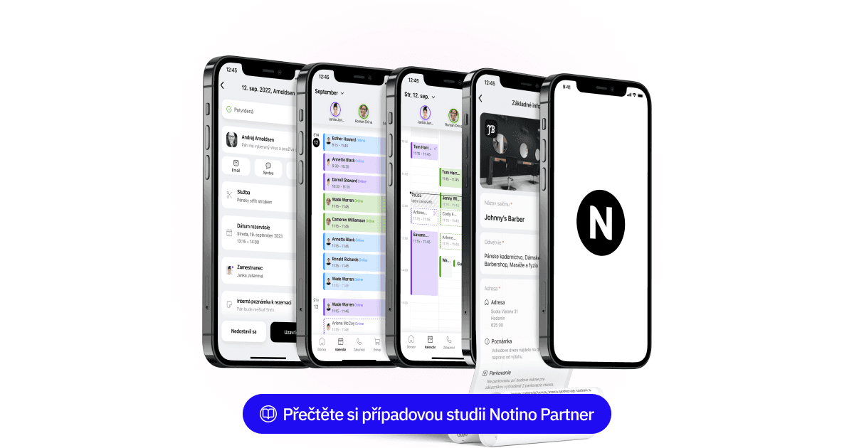 Série obrazovek smartphonu zobrazující aplikaci Notino Partner. Na obrazovkách se zobrazuje plánování schůzek, údaje o zákaznících a obchodní informace o kadeřnictví.