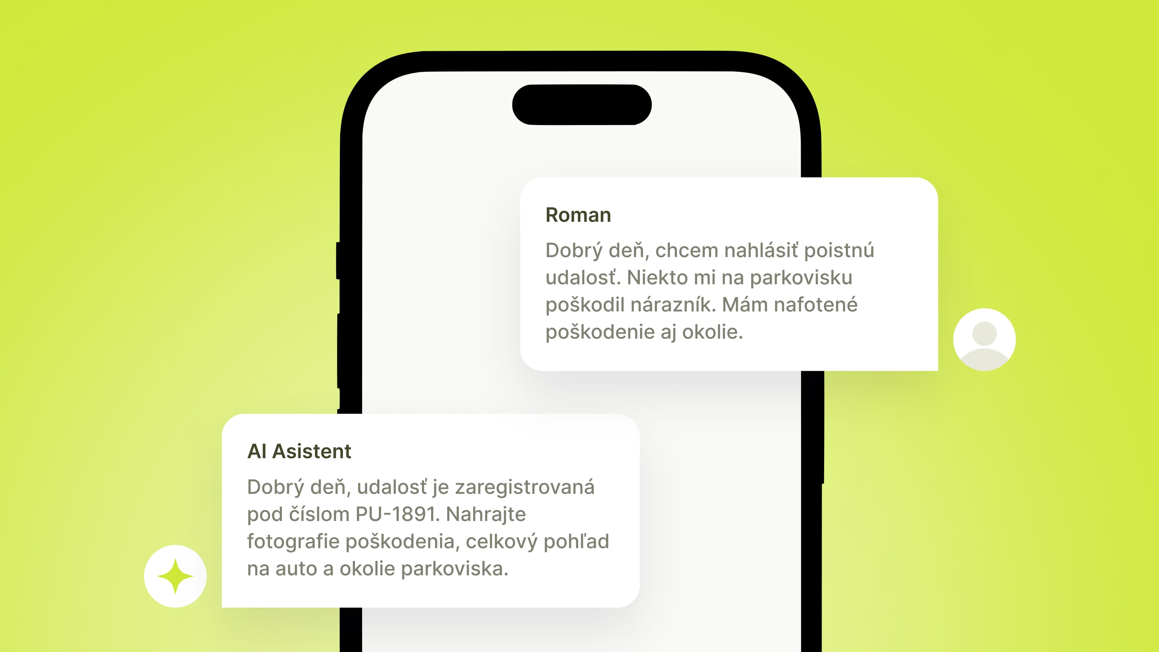Ilustrácia obrazovky telefónu, na ktorom prebieha komunikácia medzi človekom a AI chatbotom o nahlásení škodovej udalosti.