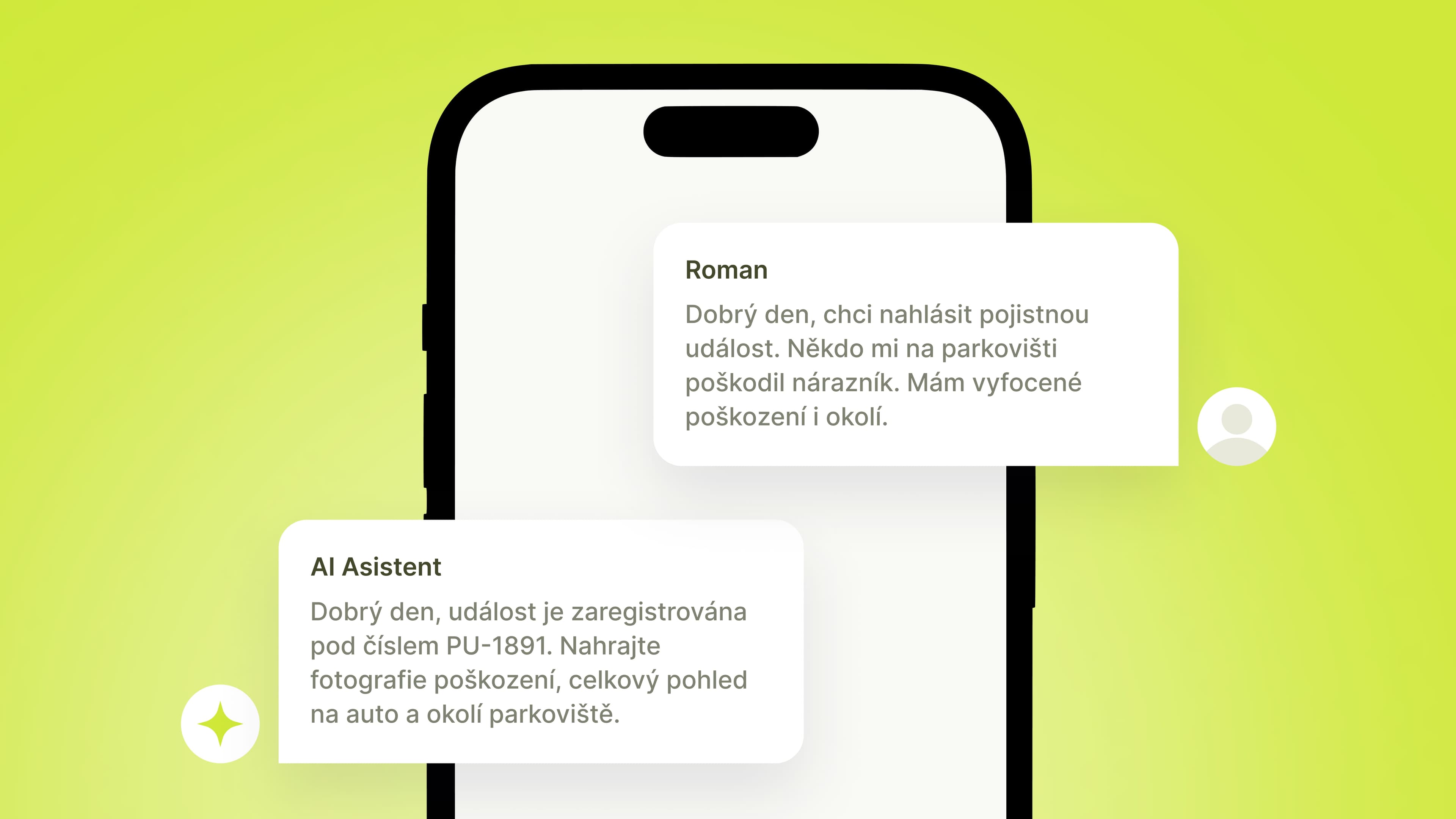 Ilustrace obrazovky telefonu, na které probíhá komunikace mezi člověkem a AI chatbotem ohledně nahlášení pojistné události.