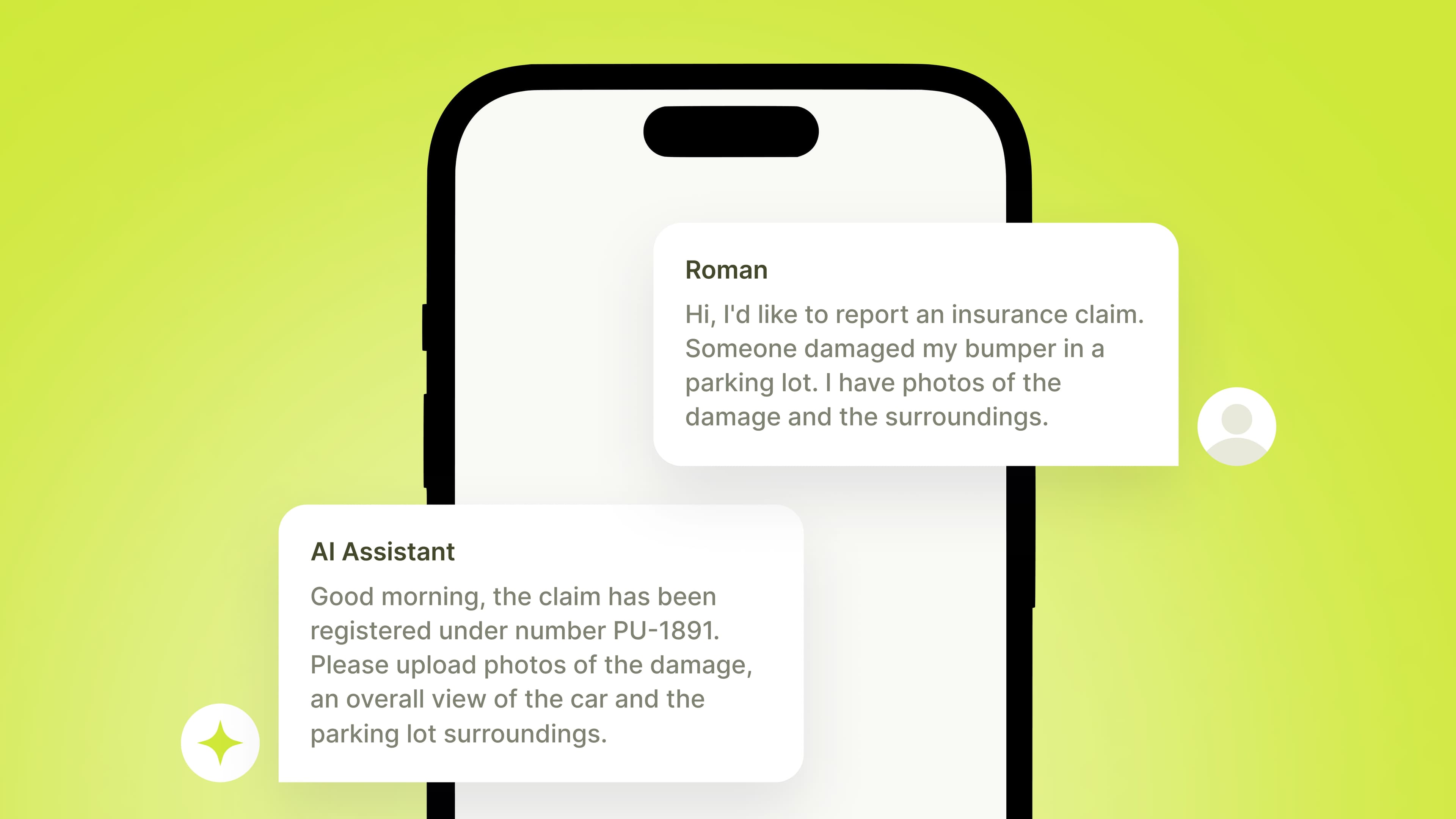 A screenshot of a phone screen showing a conversation between a person and an AI chatbot regarding the reporting of an insurance claim.