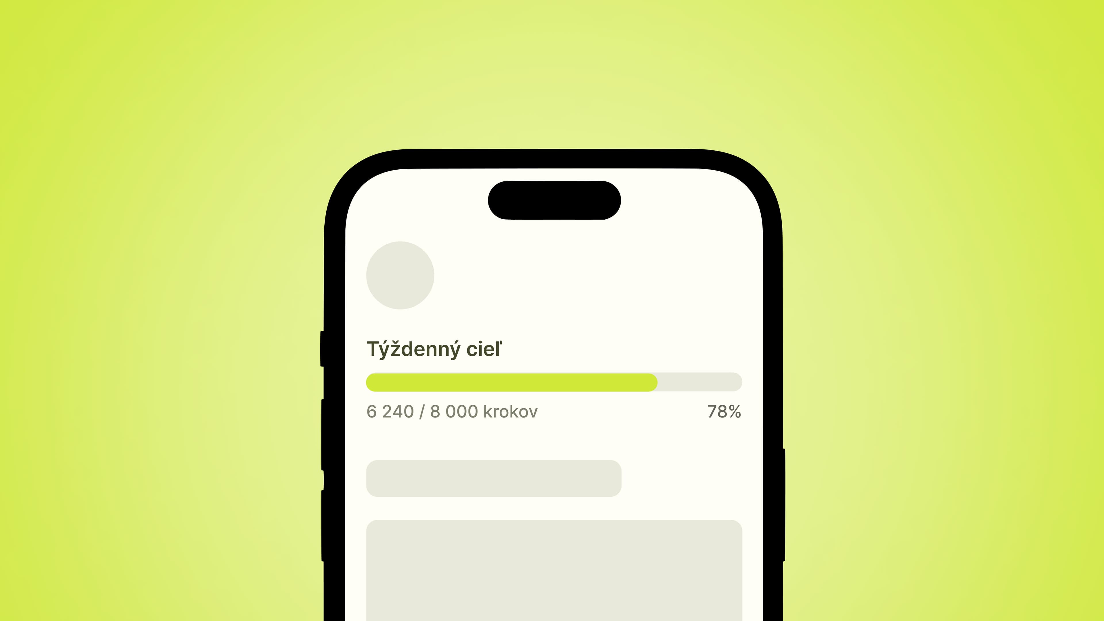 Ilustrácia obrazovky telefónu, na ktorom je zobrazené percentuálne naplnenie stanoveného cieľa. v tomto prípade je na obrazovke cieľ spraviť 8 000 krokov s tým, že tento cieľ je naplnený na 78 %.