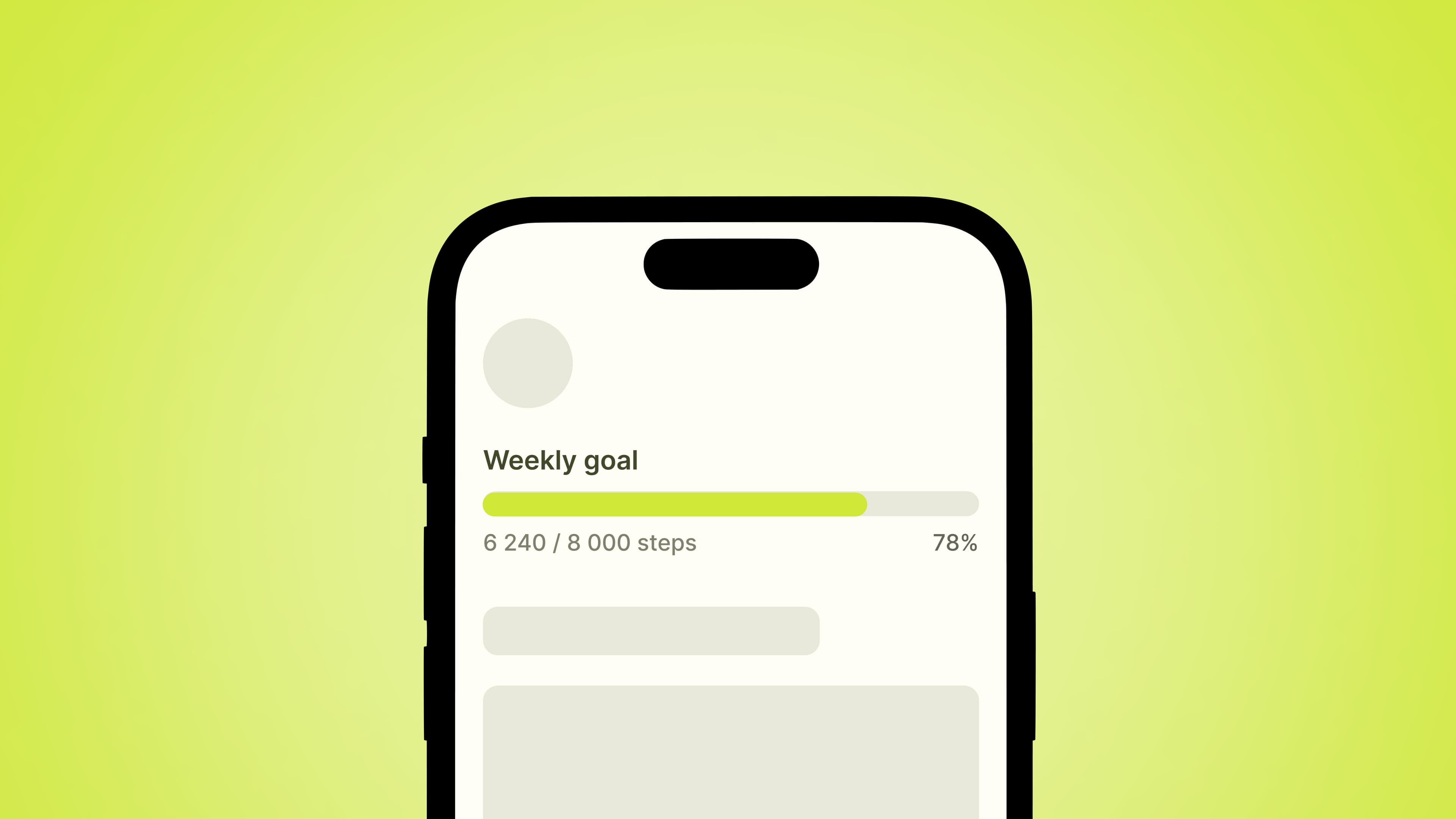 A screenshot of a phone displaying the percentage of a set goal that has been achieved. In this case, the goal shown on the screen is to take 8,000 steps, and 78% of that goal has been achieved.
