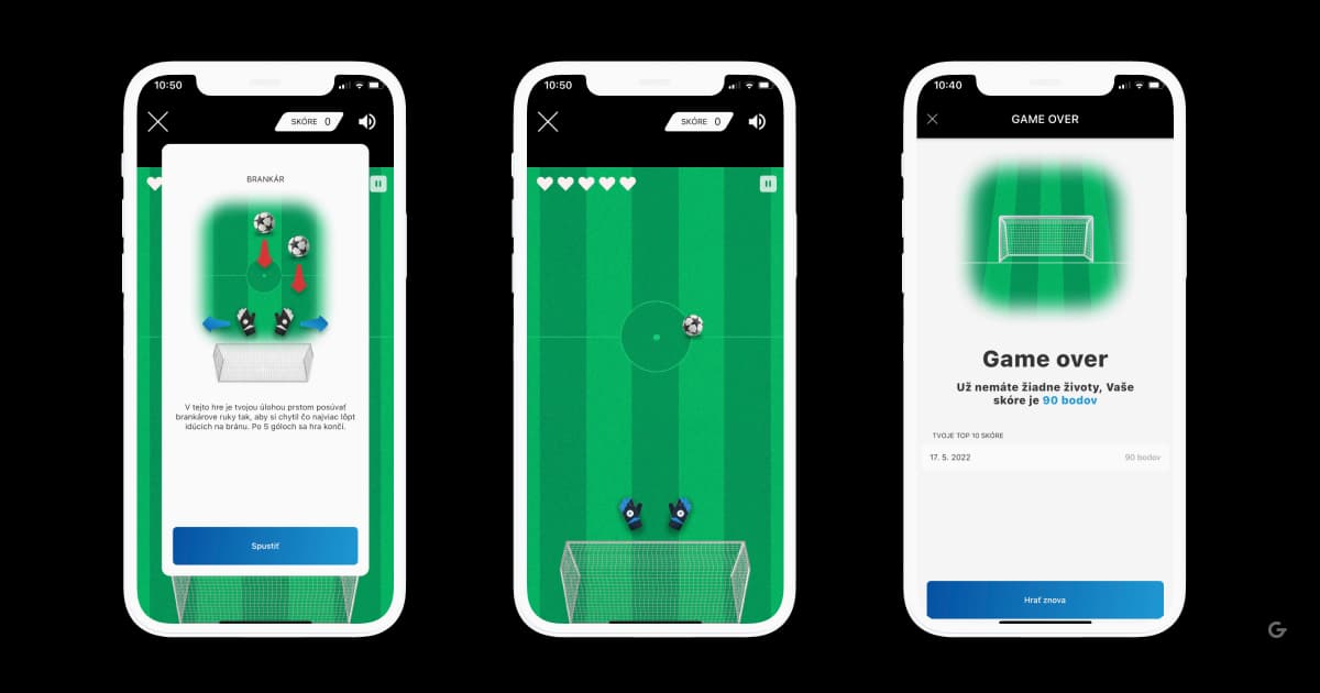 Tri obrazovky mobilnej hry - pokyny s popisom ovládania, hra zobrazujúca hráčov brániacich bránku a obrazovka Game Over so skóre a možnosťou hrať znova.
