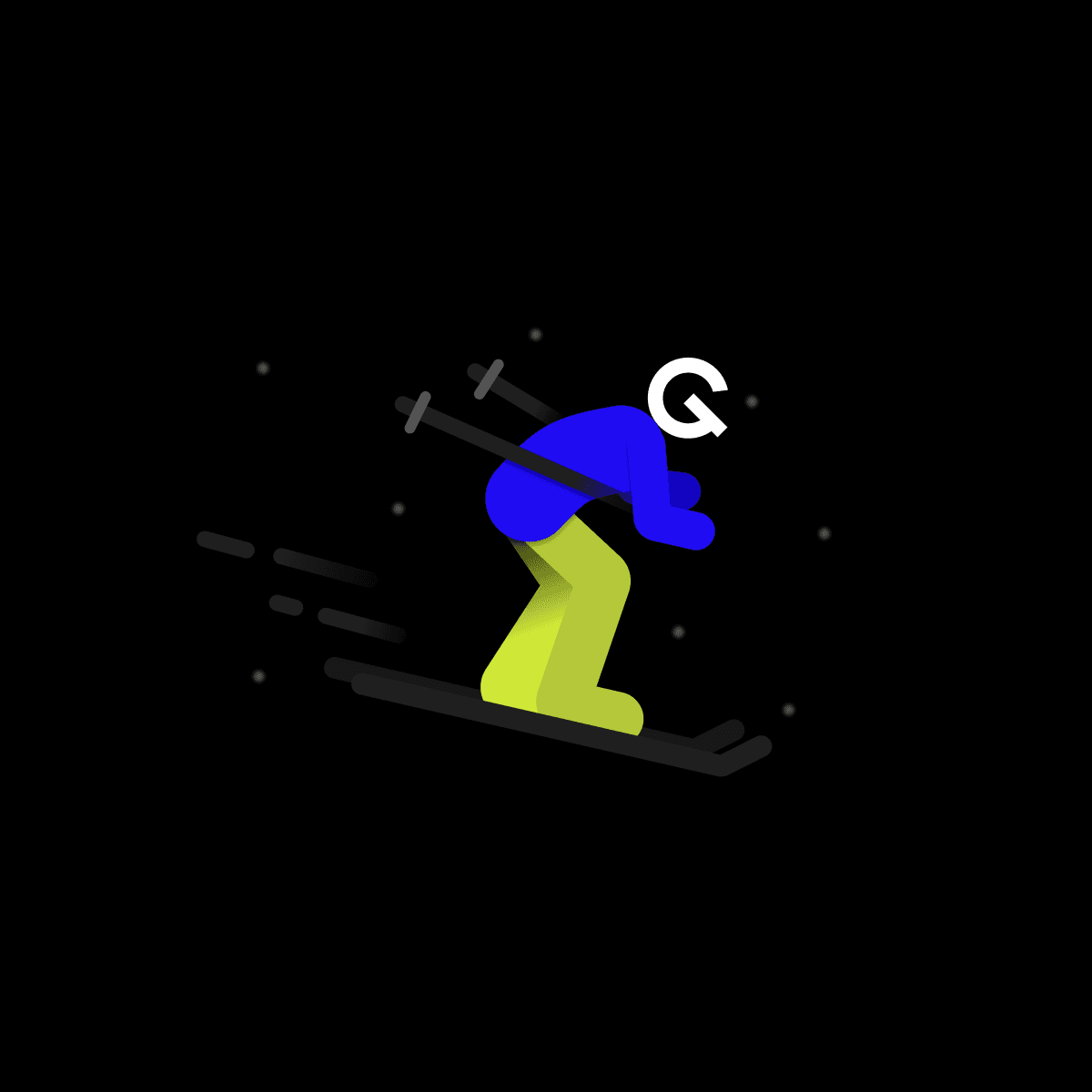 Ilustrácia osoby s logom GoodRequest miesto hlavy, lyžujúca.