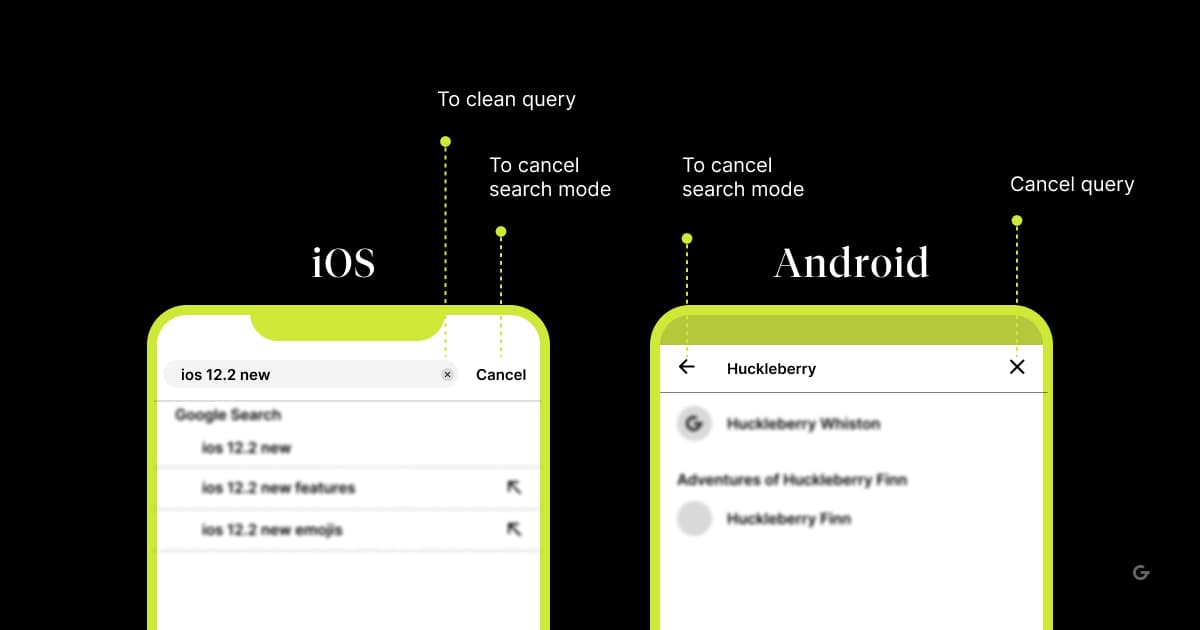 Image compares iOS and Android search, including search suggestions and text delete icons.